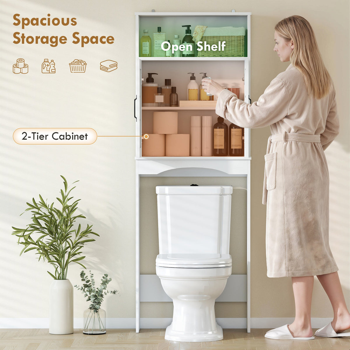 Over the Toilet Storage Cabinet Freestanding Bathroom Organizer with 2 Doors and Open Shelf Black
