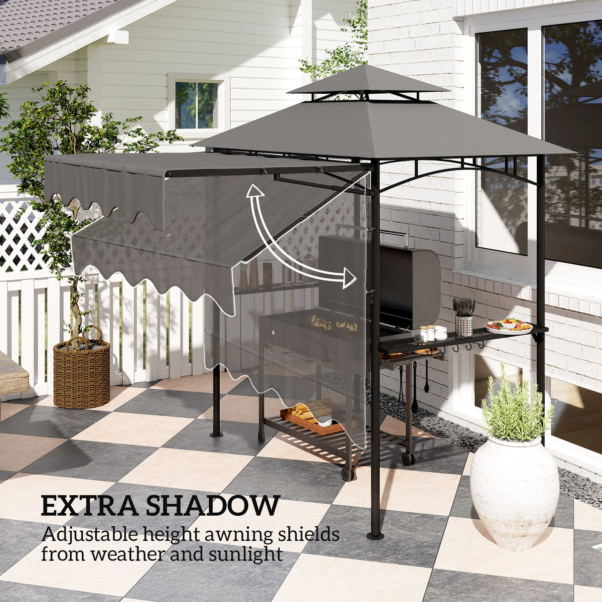 8' x 7.6' Grill Gazebo, Double Tiered Barbecue Grill Gazebo Shelter w/ Side Awning, 2 Side Shelves, 6 Hooks, Beige