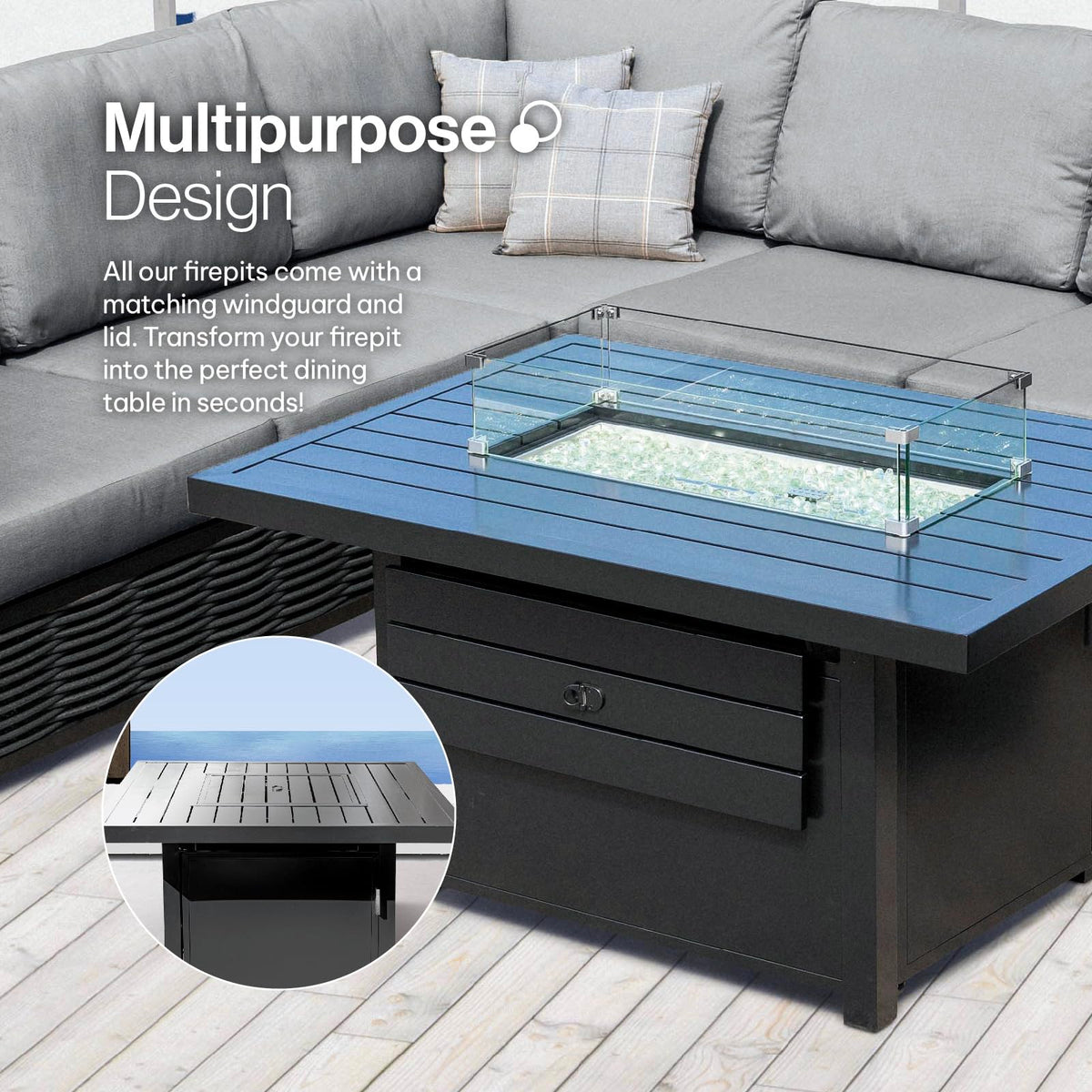 Propane FirePit Table: 50,000 BTU Aluminum Slat Top with Lid, Stainless Steel Burner, Windguard, 8KG Glass Beads, 300D PVC Cover, CSA-Listed