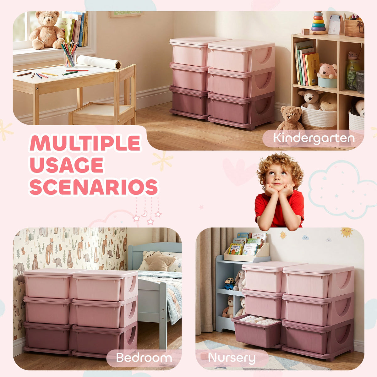 3 Tier Kids Toy Organizer and Storage Bins with 6 Plastic Drawers, Blue