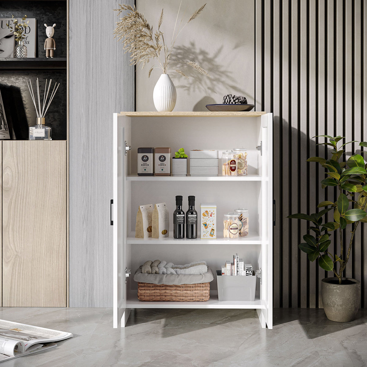 Modern Storage Cabinet with Doors and Adjustable Shelf for Kitchen, Living room, 23.6" x 11.8" x 35.4", Black