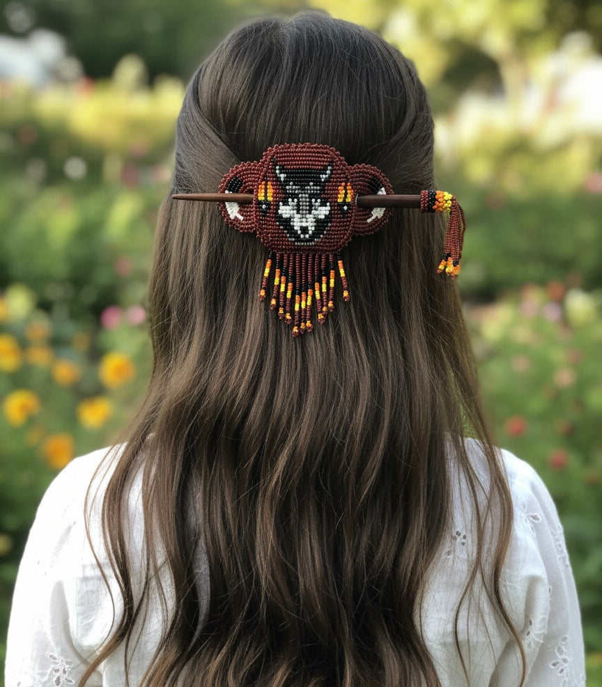 Wolf Fringed Beaded Barrette & Wooden Stick