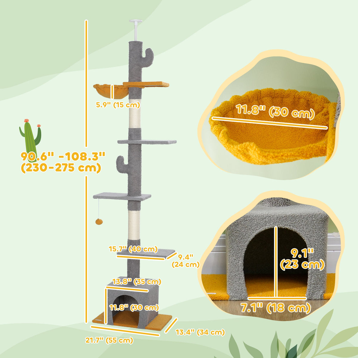 Floor to Ceiling Cat TreeTower with 90.5"-108" Adjustable Height, Scratching Posts, Hammock, Condo, Toy Ball, Dark Grey