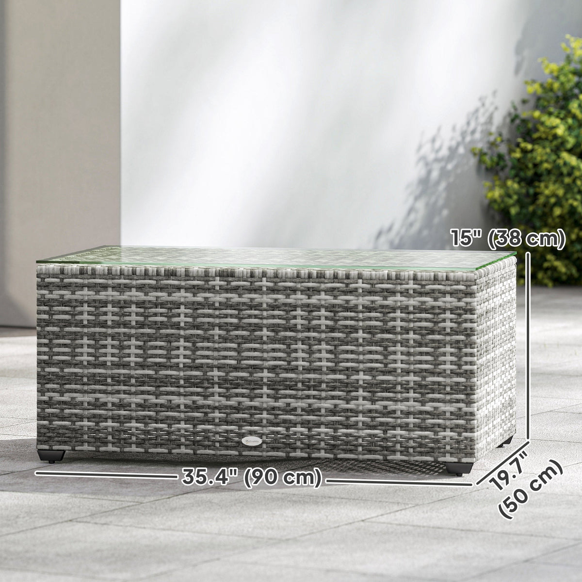 Wicker Outdoor Coffee Table, PE Wicker Rectangular Patio Table with Tempered Glass Top for Garden, Balcony, Dark Grey