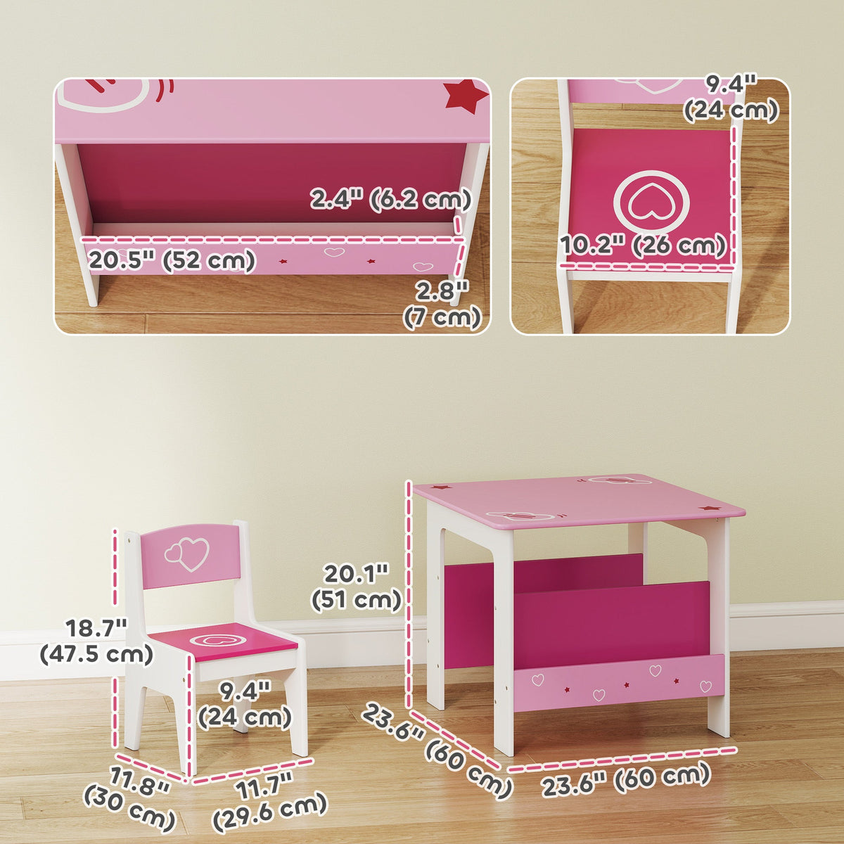 3 Pieces Kids Table and Chair Set with Bookshelves, for Classroom, Home, Nursery, Playroom, for Read, Draw, Art, Pink