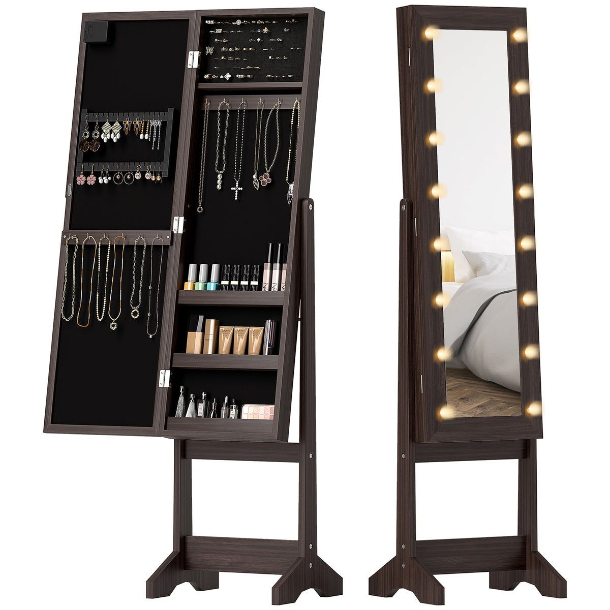 Free Standing Armoire Organizer, Lighted Mirrored Jewelry Cabinet w/ Angle Adjustable & 16 LED Lights Warm White