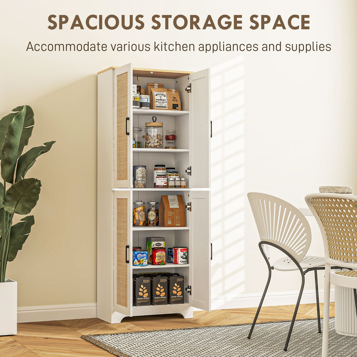 67" Tall Kitchen Pantry, Freestanding Kitchen Storage Cabinet with 4 Rattan Doors and Adjustable Shelves, Oak