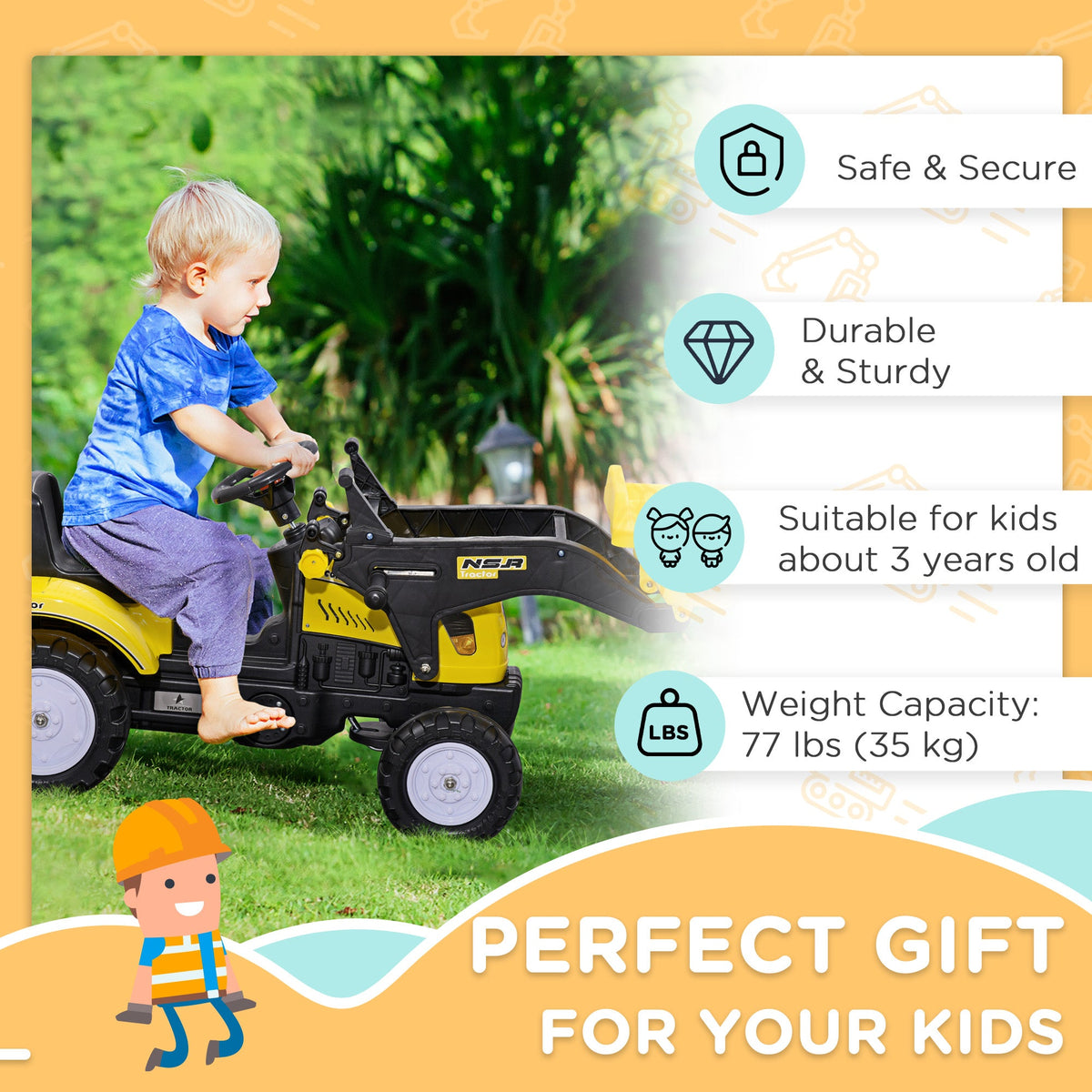 Ride on Tractor for Kids, Pedal Construction Car with Front Loader Digger for 3 Years Old, Yellow