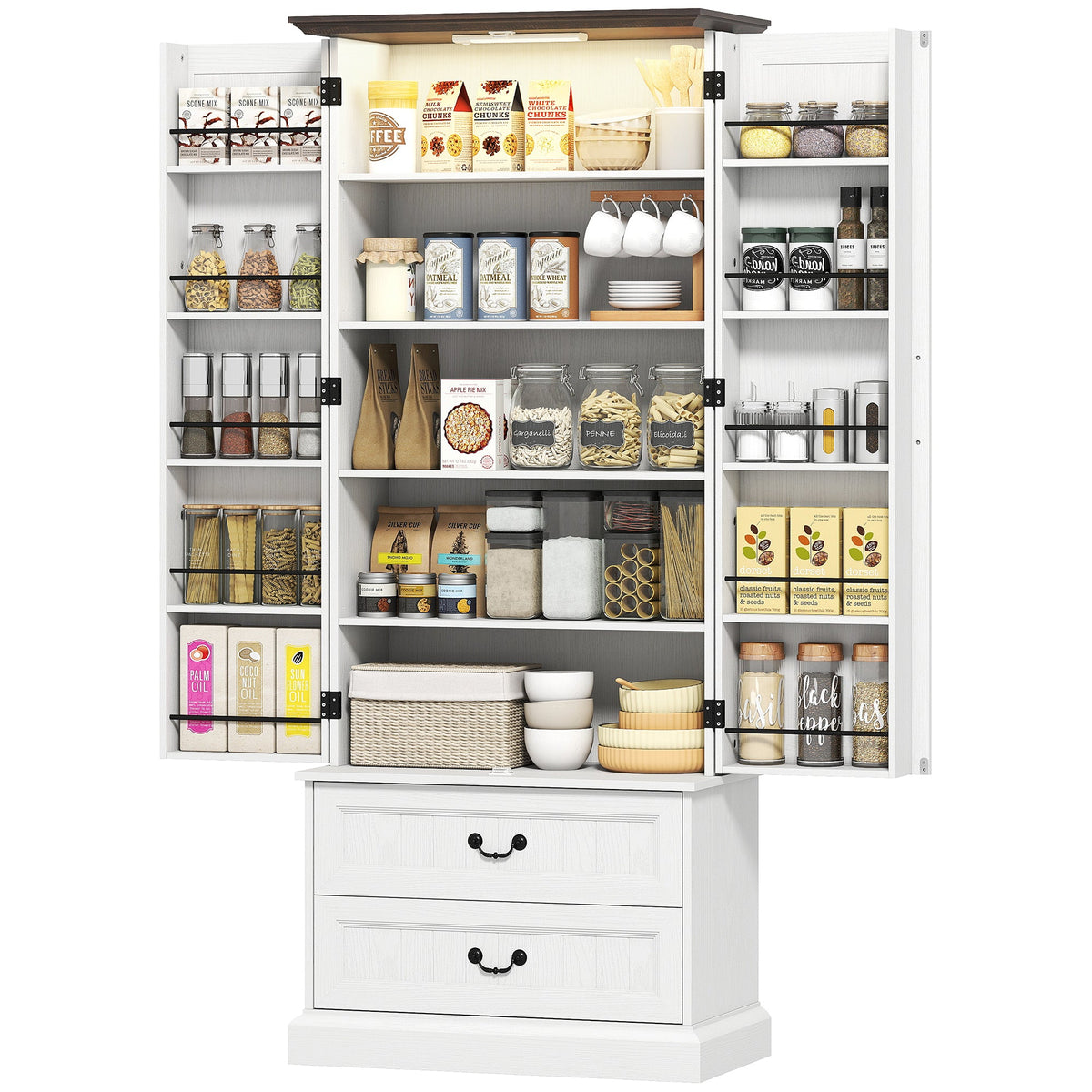 72" LED Kitchen Pantry Cabinet, Buffet Storage Cabinet with 10 Door Shelves, 2 Drawers and Adjustable Shelves, Black