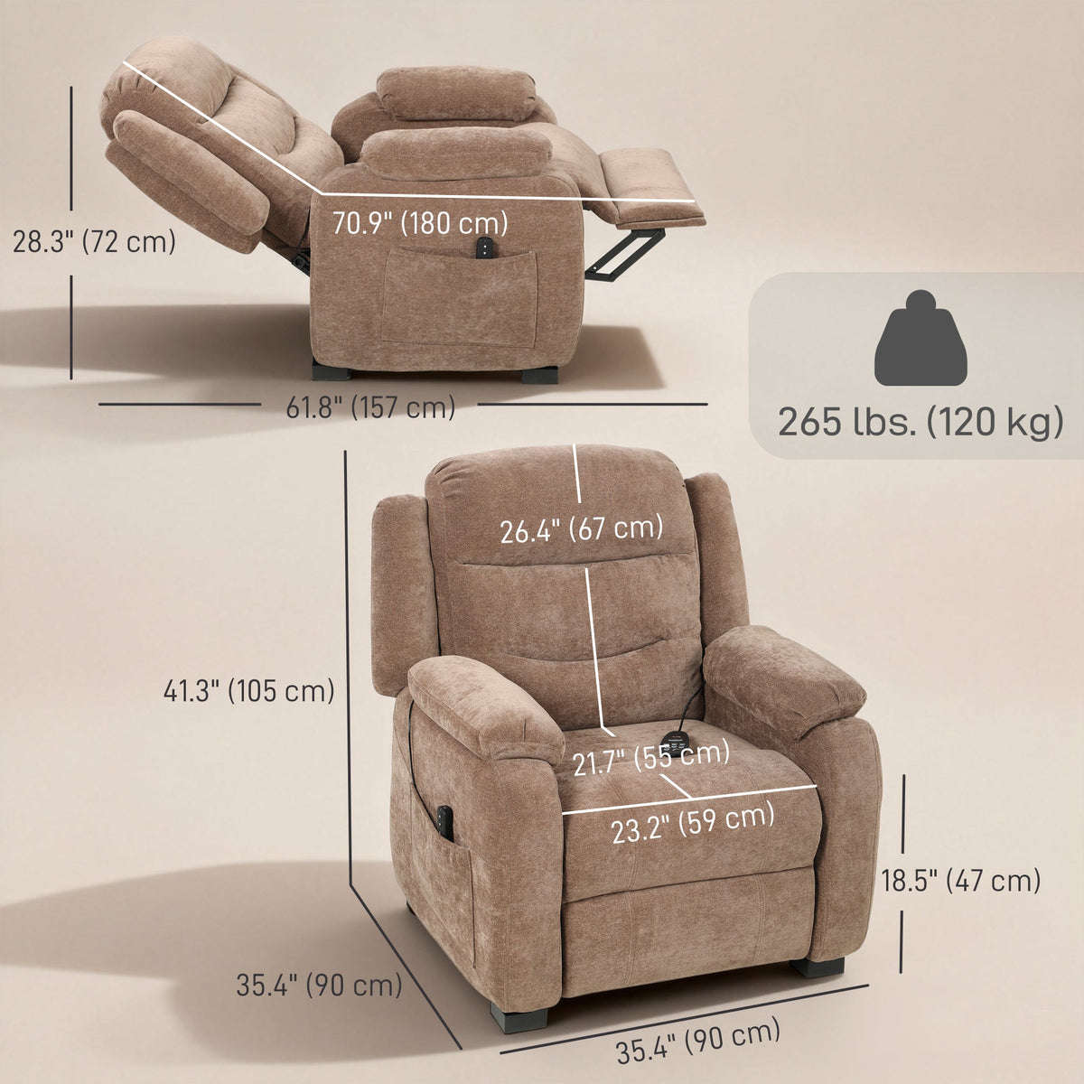 Massage Recliner Chair, Power Recliner with Quiet Brushless Motor, Remote, Pockets, 2 Memory Positions, Beige