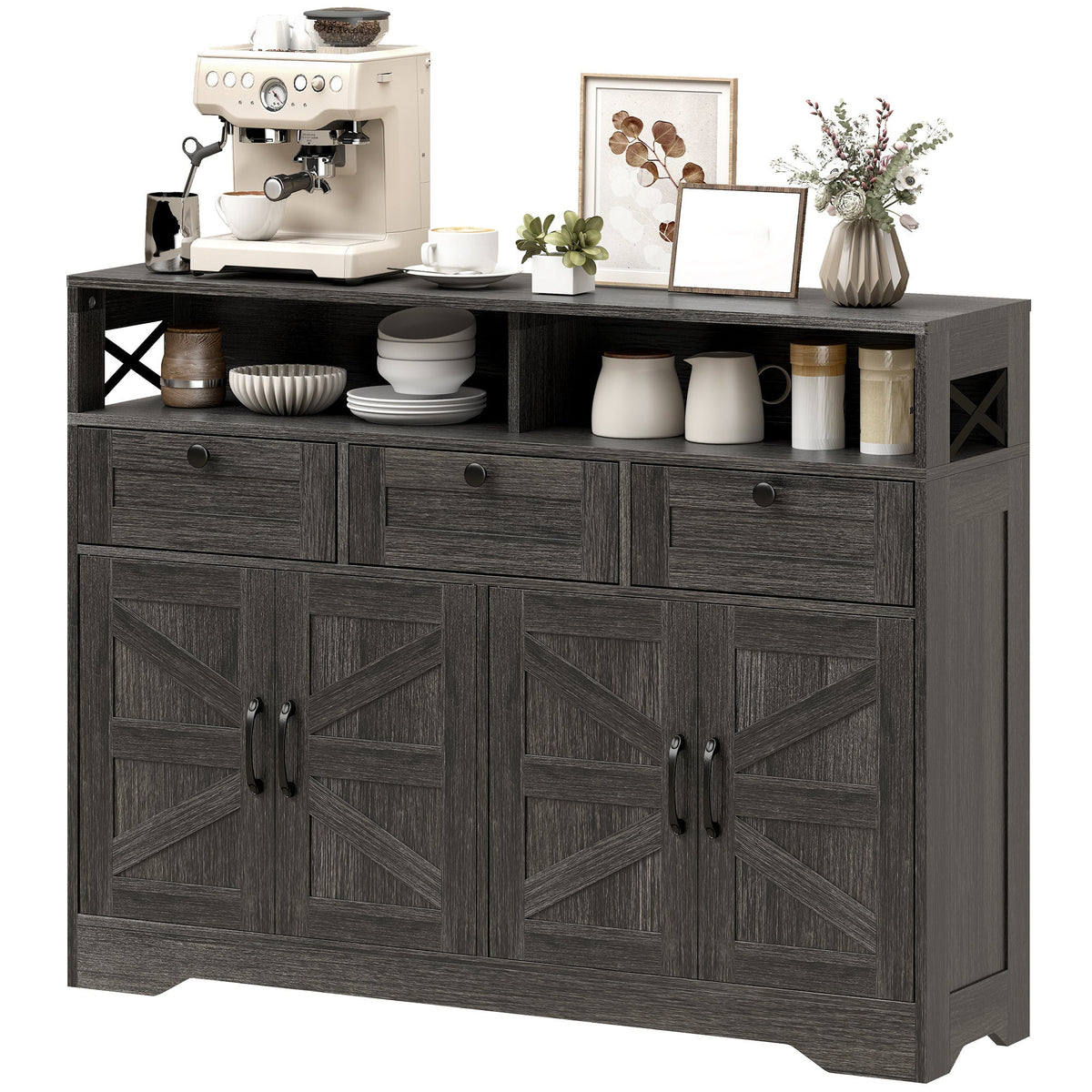 Sideboard, Buffet Cabinet with 4 Barn Doors and 3 Drawers, Coffee Bar Cabinet with Adjustable Shelves, Black
