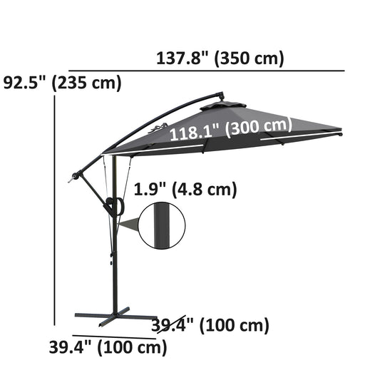 118.1" Patio Offset Umbrella with Cover and Wind Protection Strap,with Crank Handle and Tilt, UPF50+, Grey