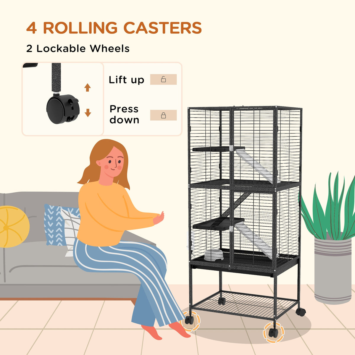 Rolling Small Animal Cage 34"H Chinchilla Cage for Ferrets, Squirrels w/ Removable Tray, Storage Shelf, Black