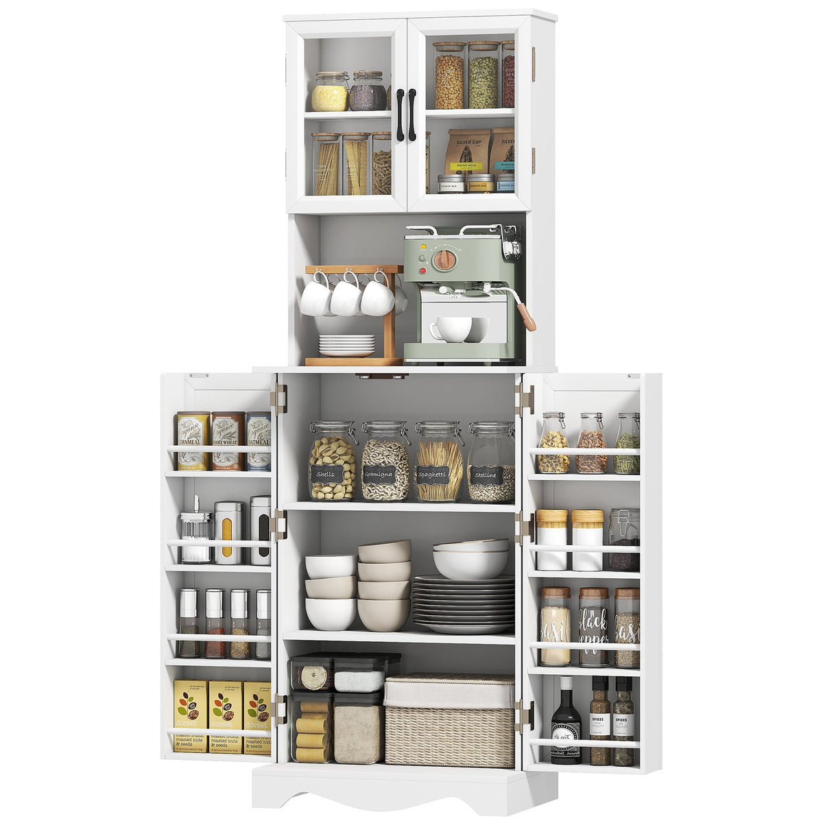 71" Kitchen Pantry Cabinet, Freestanding Kitchen Hutch with 8 Door Shelves, Adjustable Shelf and Acrylic Doors, Black