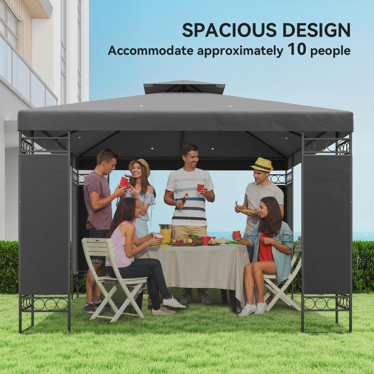 10 x 10 FT Canopy Gazebo, Double Roof Patio Gazebo with Screen Panels and Metal Frame for Deck, Backyard, Khaki