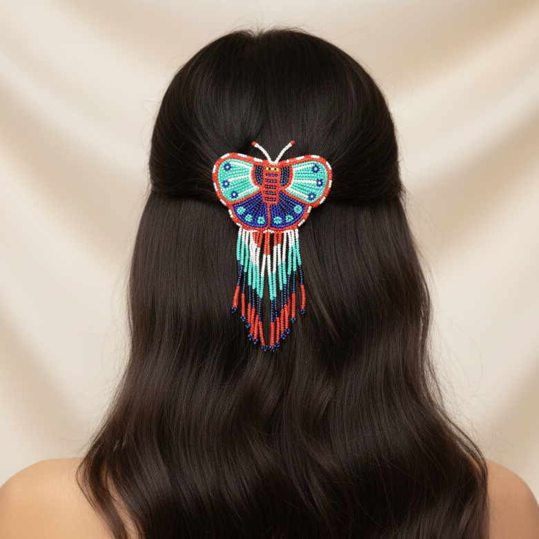 Butterfly Beaded Barrettes with Fringes Turquoise & Blue