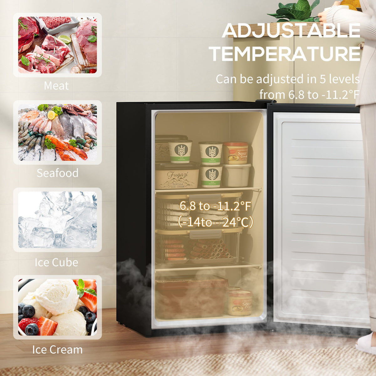 1.1 Cu. Ft. Mini Freezer, Compact Upright Freezer with Reversible Door, Removable Shelf, Adjustable Temperature, Black