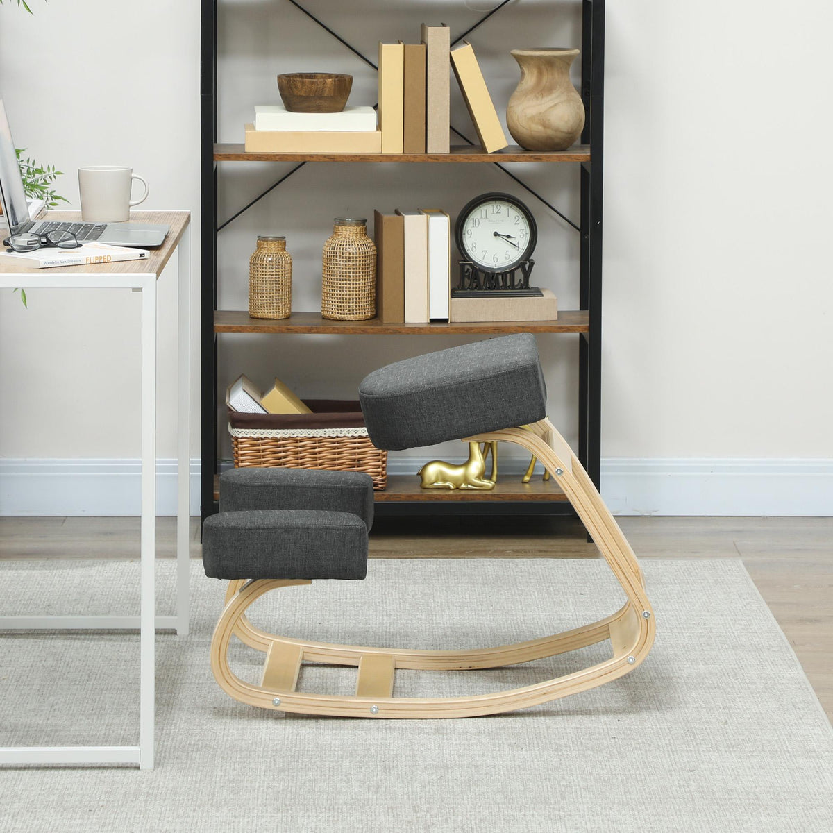 Ergonomic Kneeling Chair, Wood Kneel Stool with Thick Pads, Desk Knee Chair, Improve Posture, Black