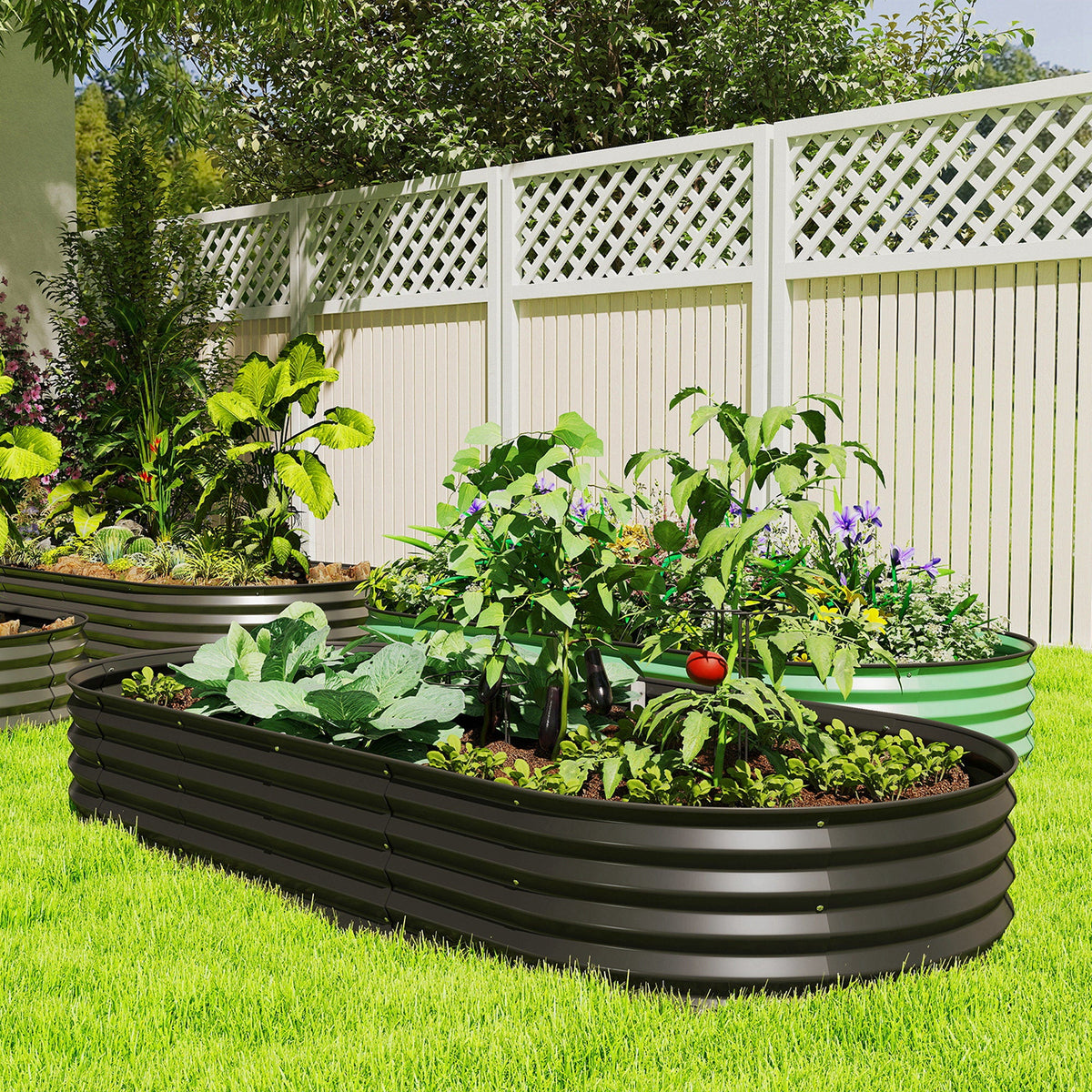 7' x 3' x 1' Large Outdoor Planter Box, Galvanized Raised Garden Bed with Metal Plant Stake, Black