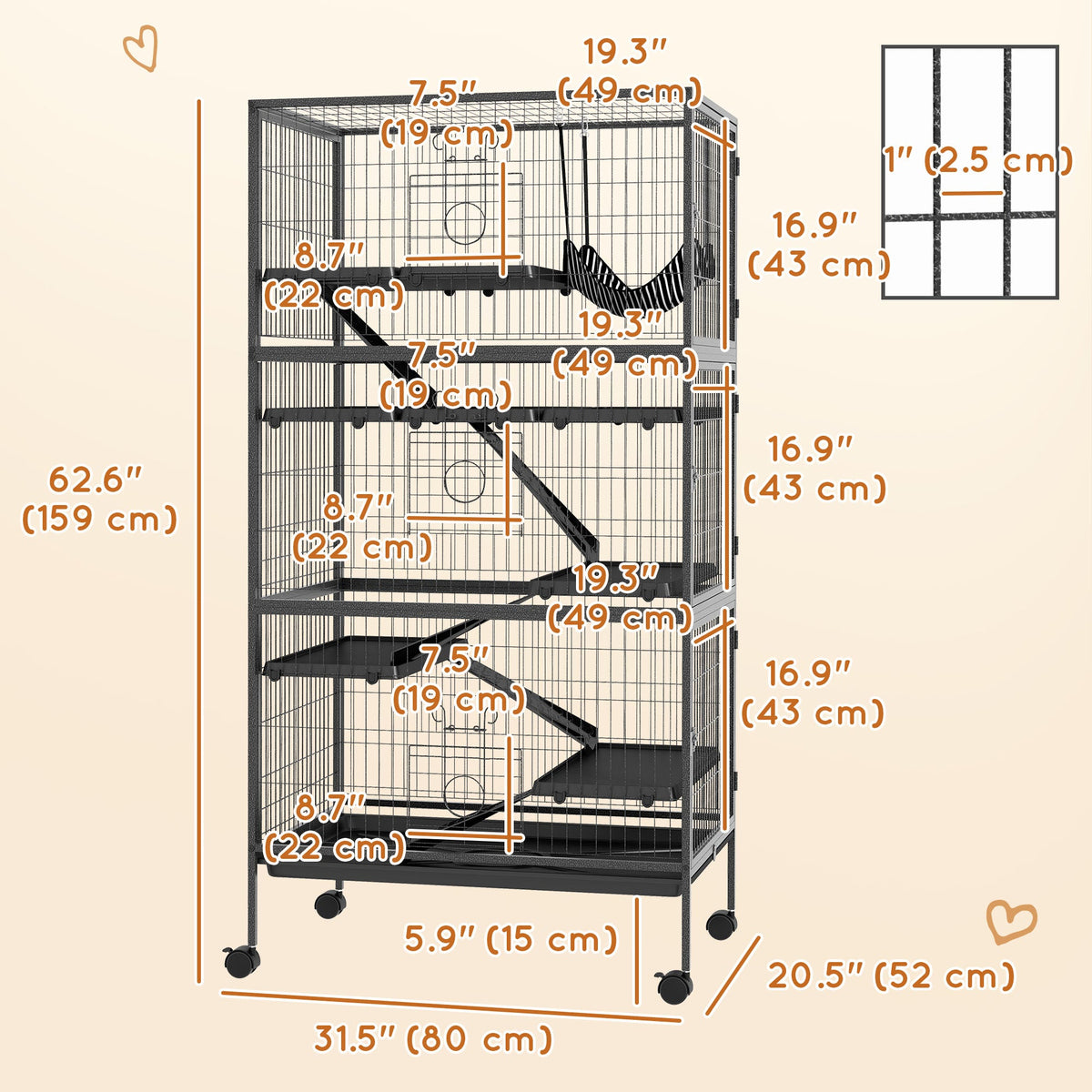 5-Tier Rolling Small Animal Cage, Deluxe Guinea Pig Cage, Ferret Cage for Mink Chinchilla Kitten Rabbit, Grey