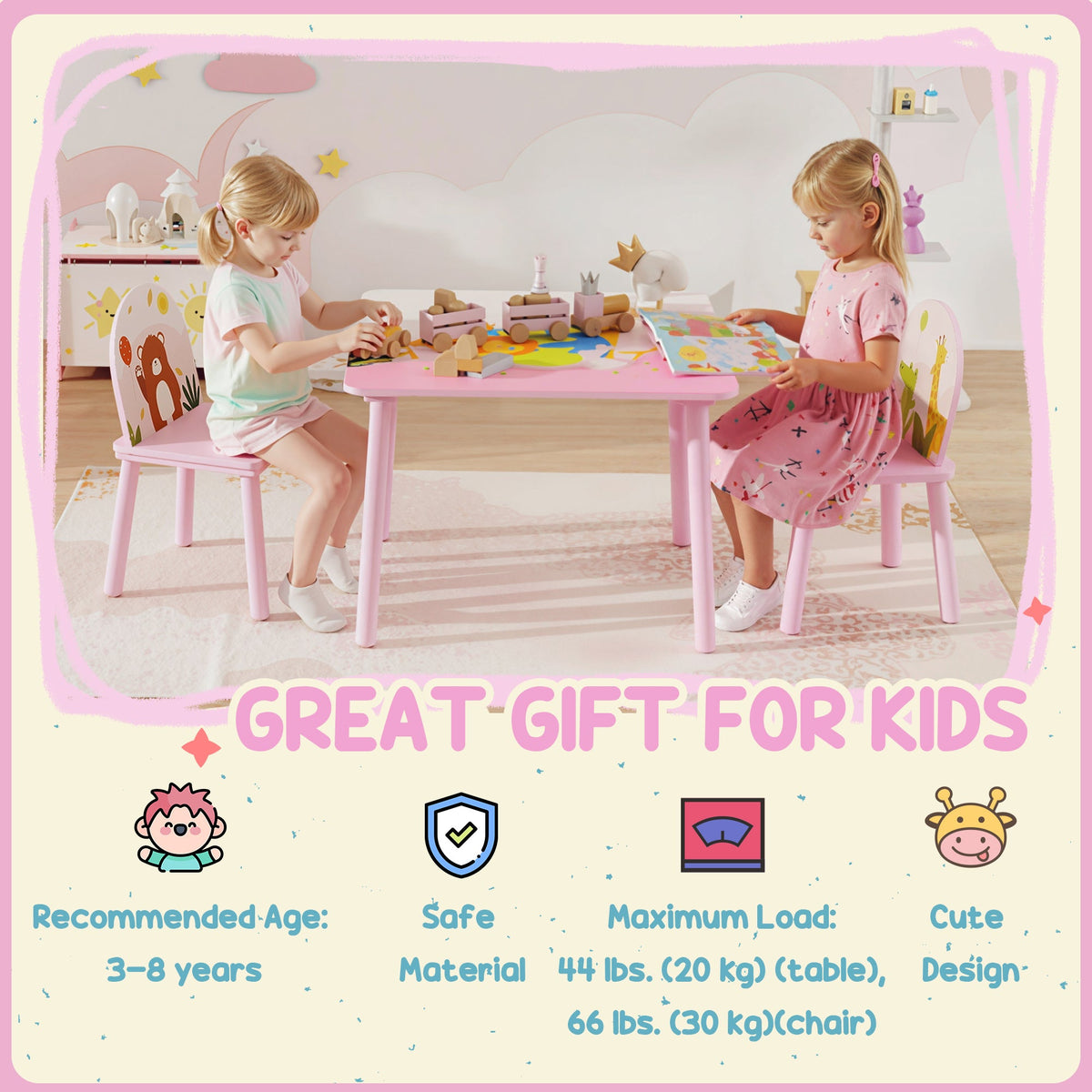 Kids Table and Chair Set, Toddler Table and 2 Chairs Set for Art, Craft, Reading, Learning, Pink