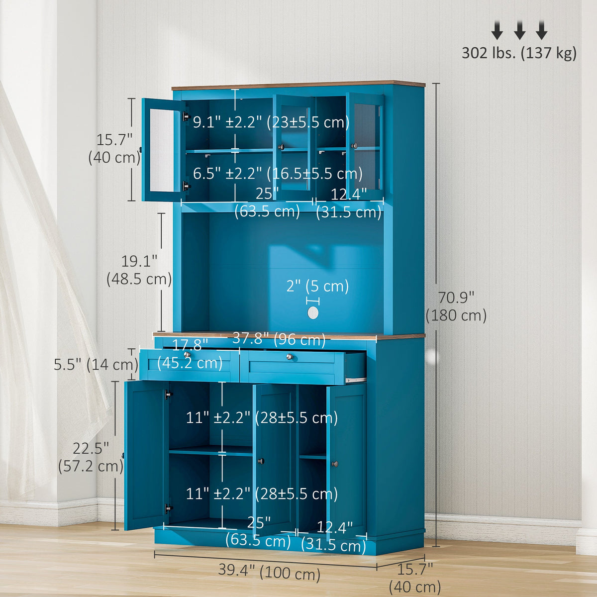 71" Pantry Cabinet with Microwave Space, Buffet with Hutch, 2 Drawers, Adjustable Shelves and Glass Doors, Blue