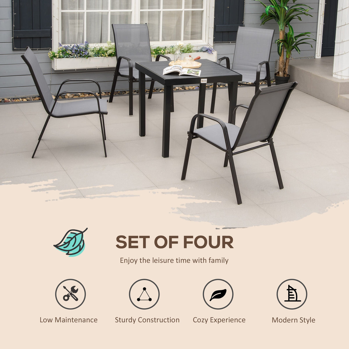 Set of 4 Outdoor Dining Chairs, Heavy Duty Stackable Patio Dining Set with Armrests for Balcony Garden, Brown and Black