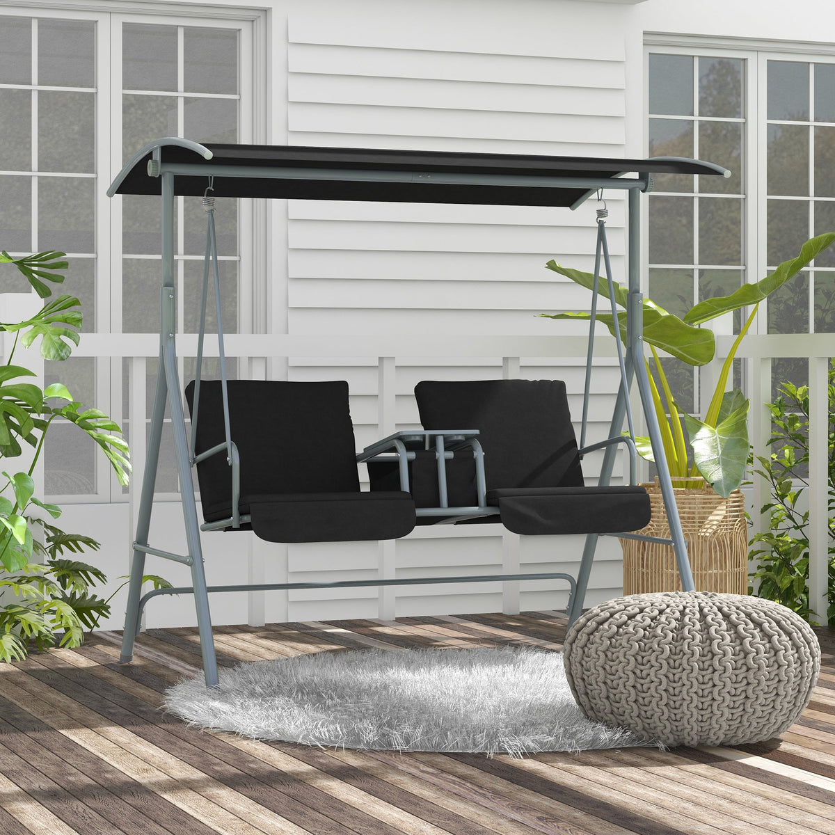 2-Seater Outdoor Porch Swing with Adjustable Canopy and Table, Patio Swing Chair for Garden, Poolside, Backyard, Black