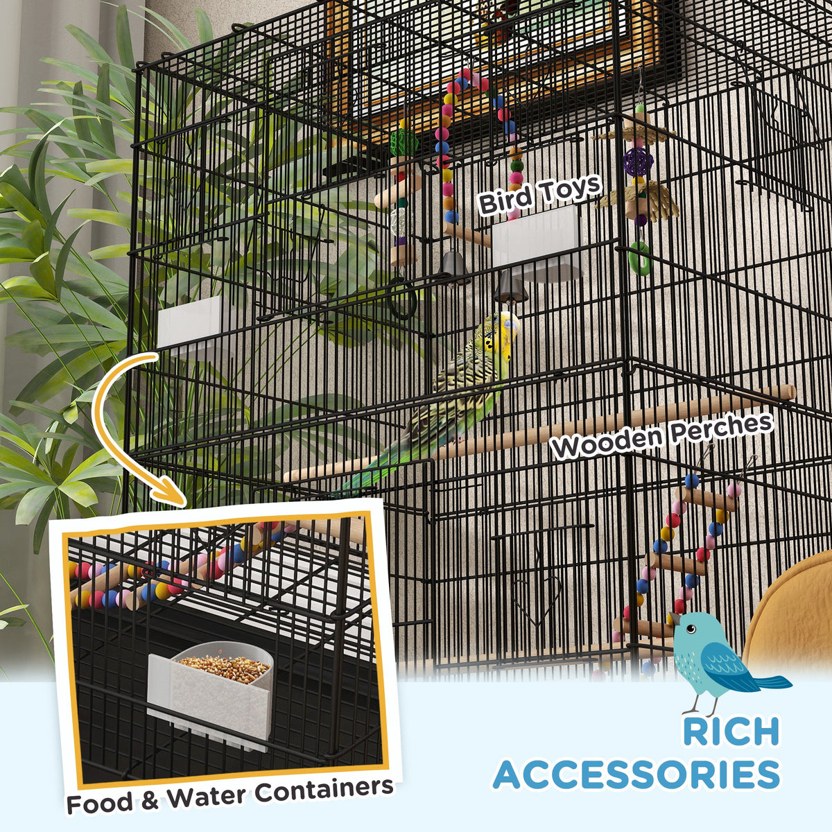 52" Bird Cage with Rolling Stand, Toys, for Budgies Canaries Black