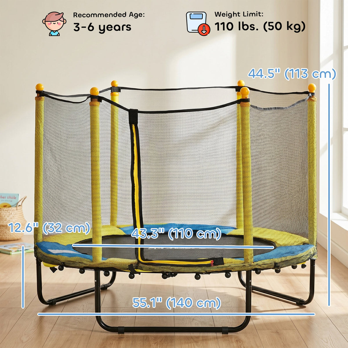 4.6FT Trampoline for Kids with Enclosure Net for Ages 3-6, Indoor Outdoor Use, Black