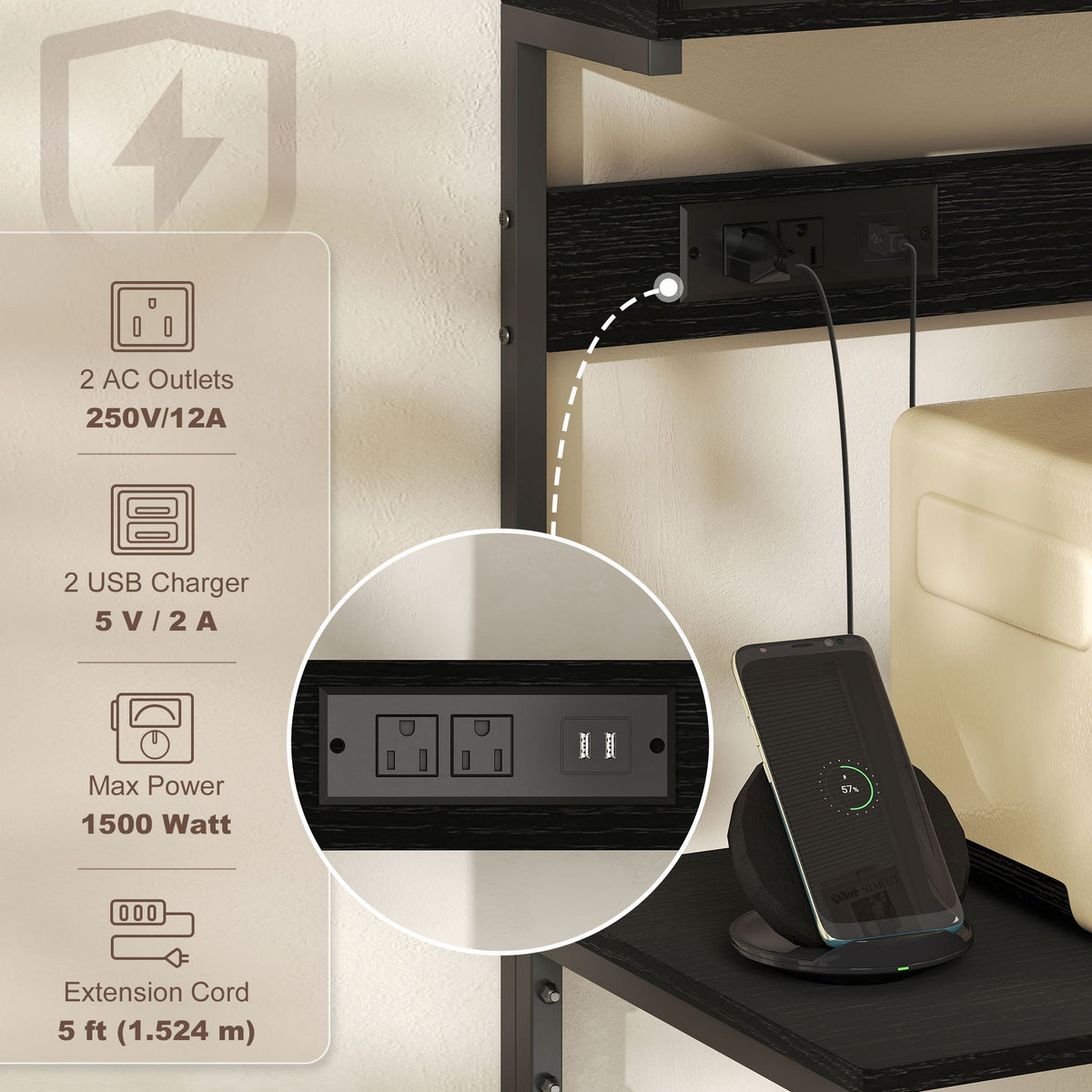 Baker's Rack with Charing Station, Microwave Shelf with Power Outlet, USB Charger and 5 Hooks, Black