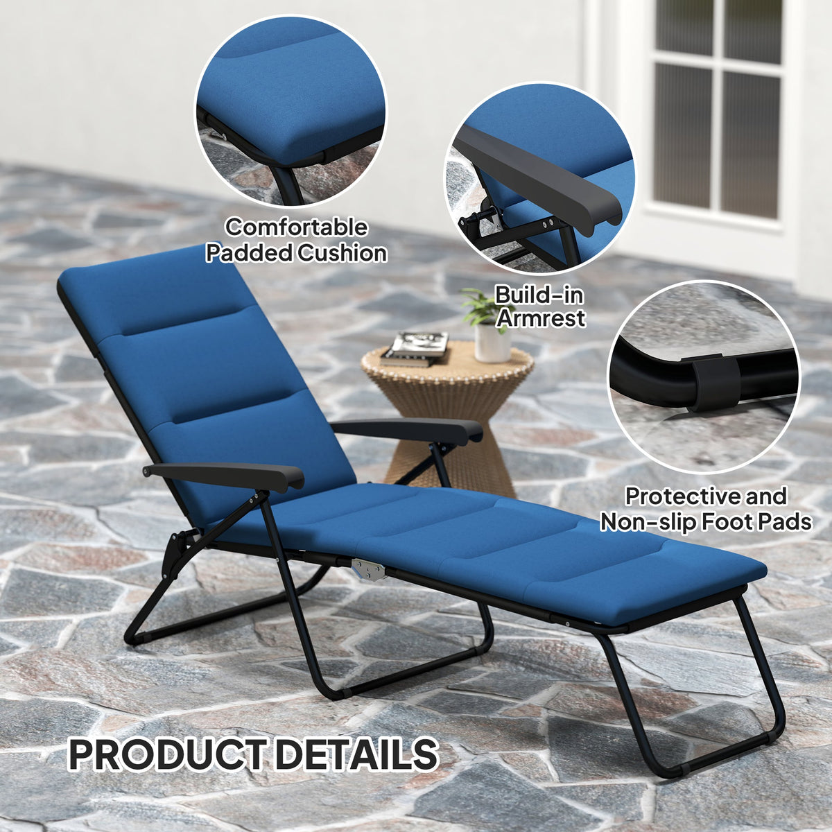 Foldable Lounge Chair, Reclining Patio Sun Lounger with 6-Position Adjustable Back, Blue and White