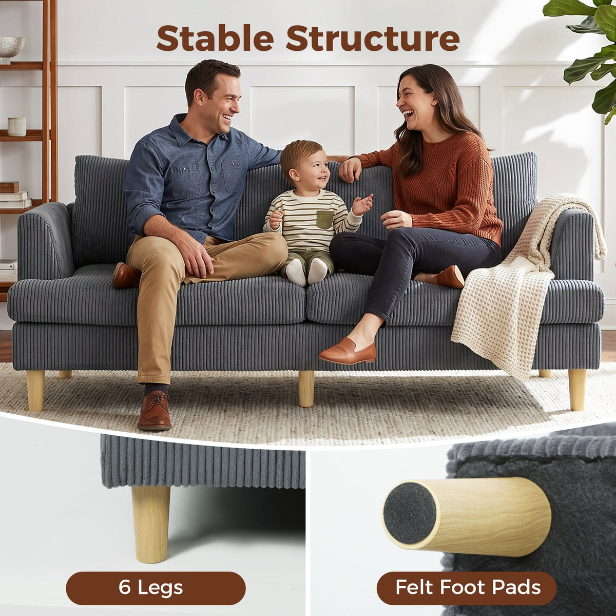 3 Seater Sofa, 74" Modern Corduroy Upholstered Couch with Thick Spring Cushions, Solid Wood Legs, Armrests, Beige