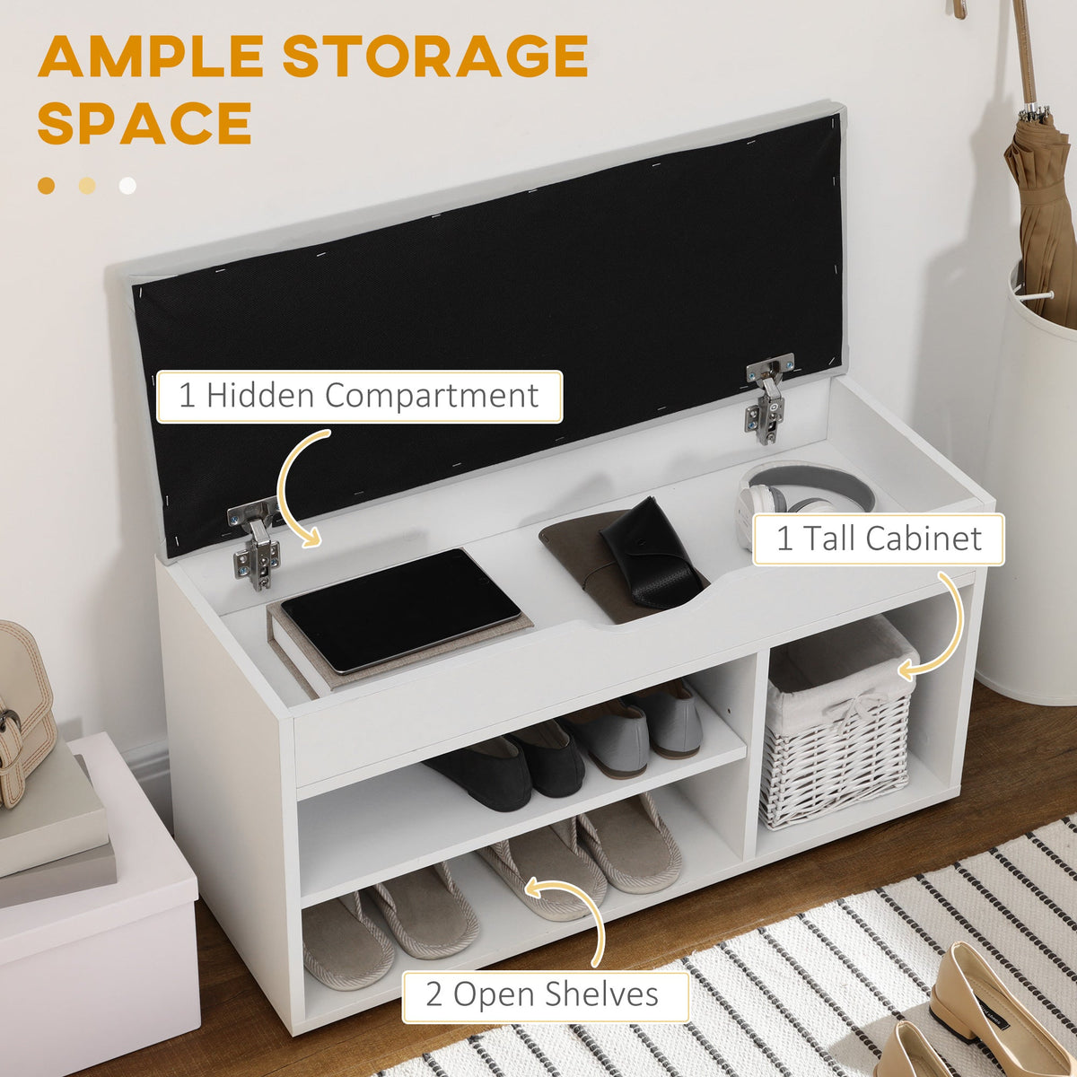 Shoe Bench Entryway Storage Rack with Padded Cushion, Hidden Storage for Hallway, Living Room, Natural