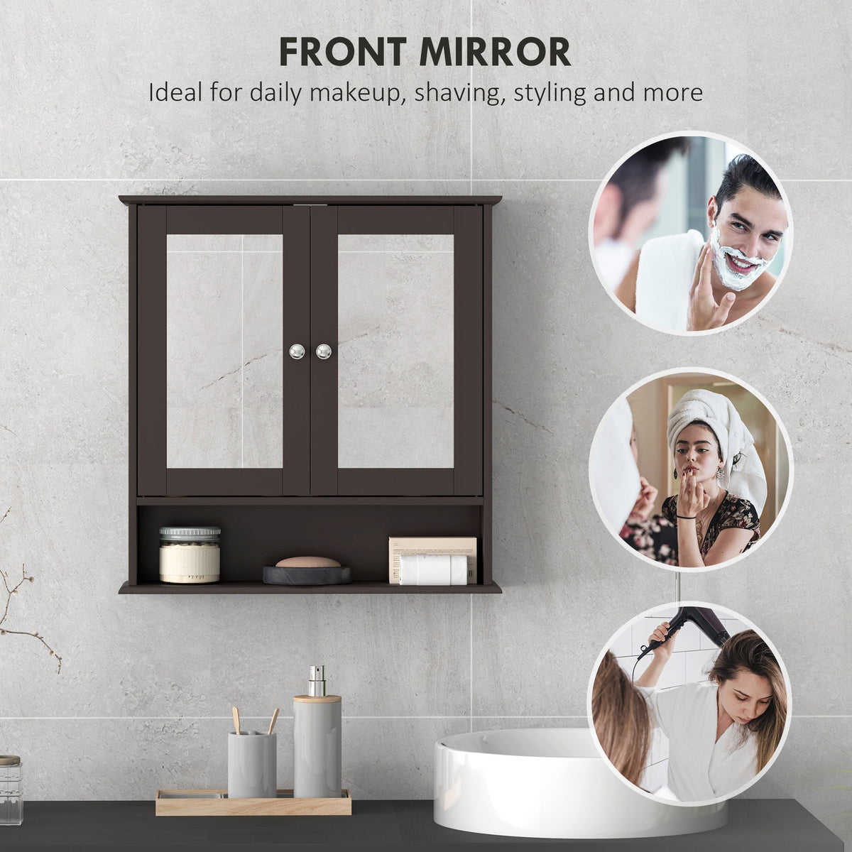 Medicine Cabinet, Wall-Mounted Bathroom Mirror Cabinet with Double Doors, Open Shelf, and Adjustable Shelf, Modern Bathroom Wall Cabinet, White