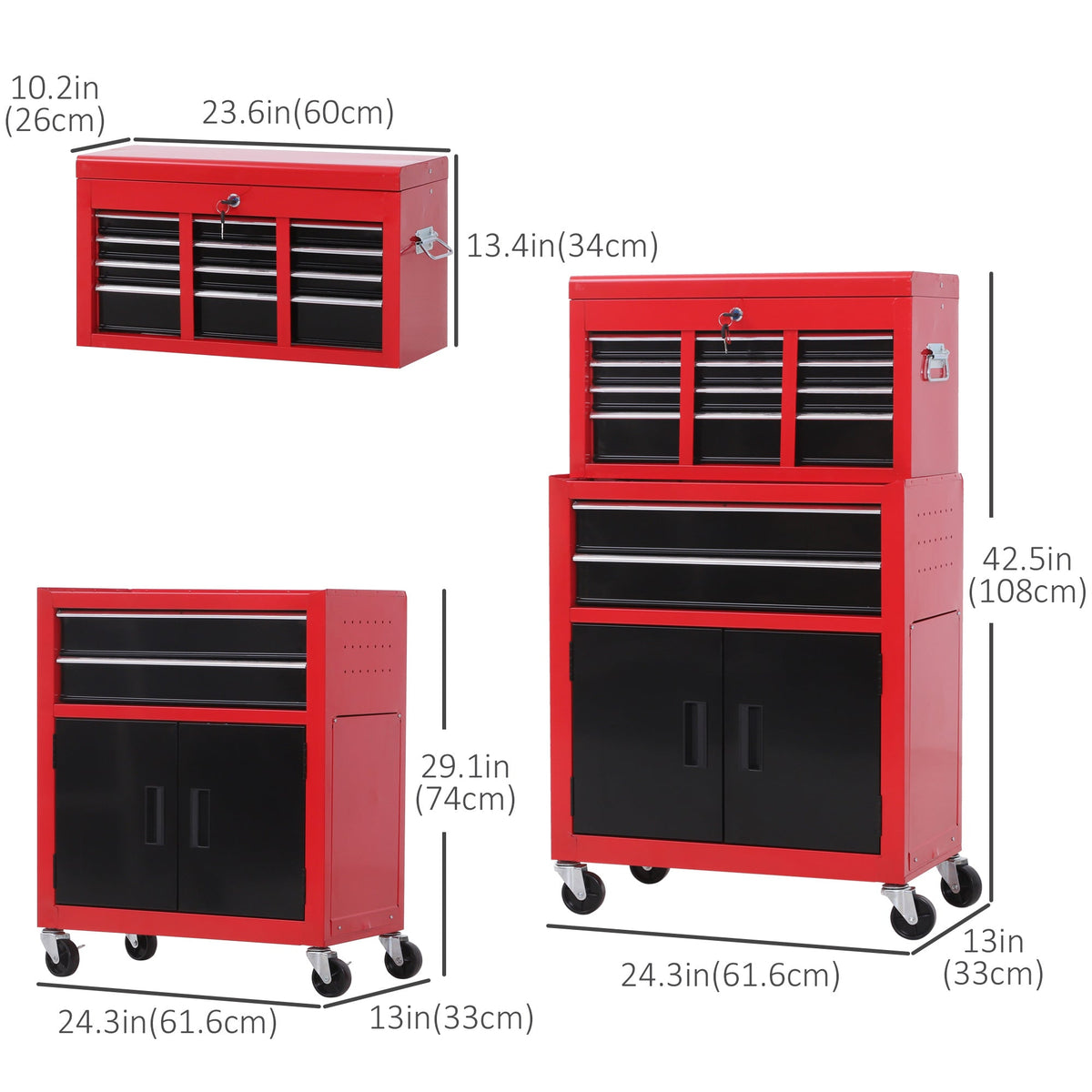 6-Drawer Rolling Tool Chest, 2 in 1 Lockable Storage Cabinet with Hooks, Metal Tool Box for Garage, Workshop, Black
