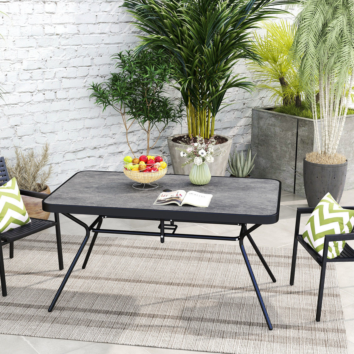 Rectangle Outdoor Dining Table for 6, with 1.7" Umbrella Hole, Easy Clean DPC Plastic Tabletop, 55" x 31.5" x 28"