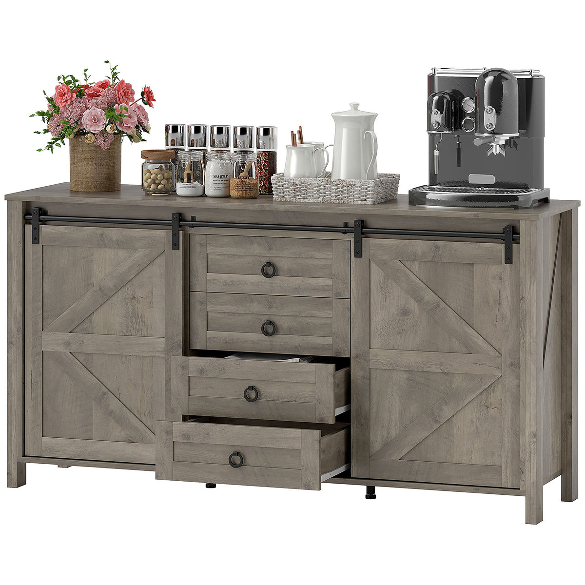 60" Buffet Cabinet, Farmhouse Sideboard with Sliding Barn Doors, Drawers and Adjustable Shelves, Cream White