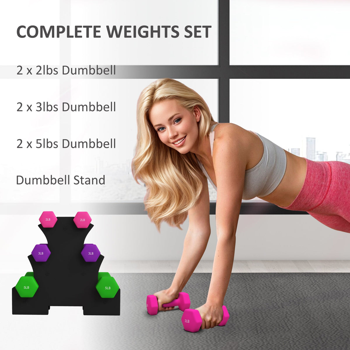2 x 2 lbs., 2 x 3 lbs., 2 x 5 lbs. Dumbbells Set with Dumbbell Rack, Hand Weights for Home Gym Training