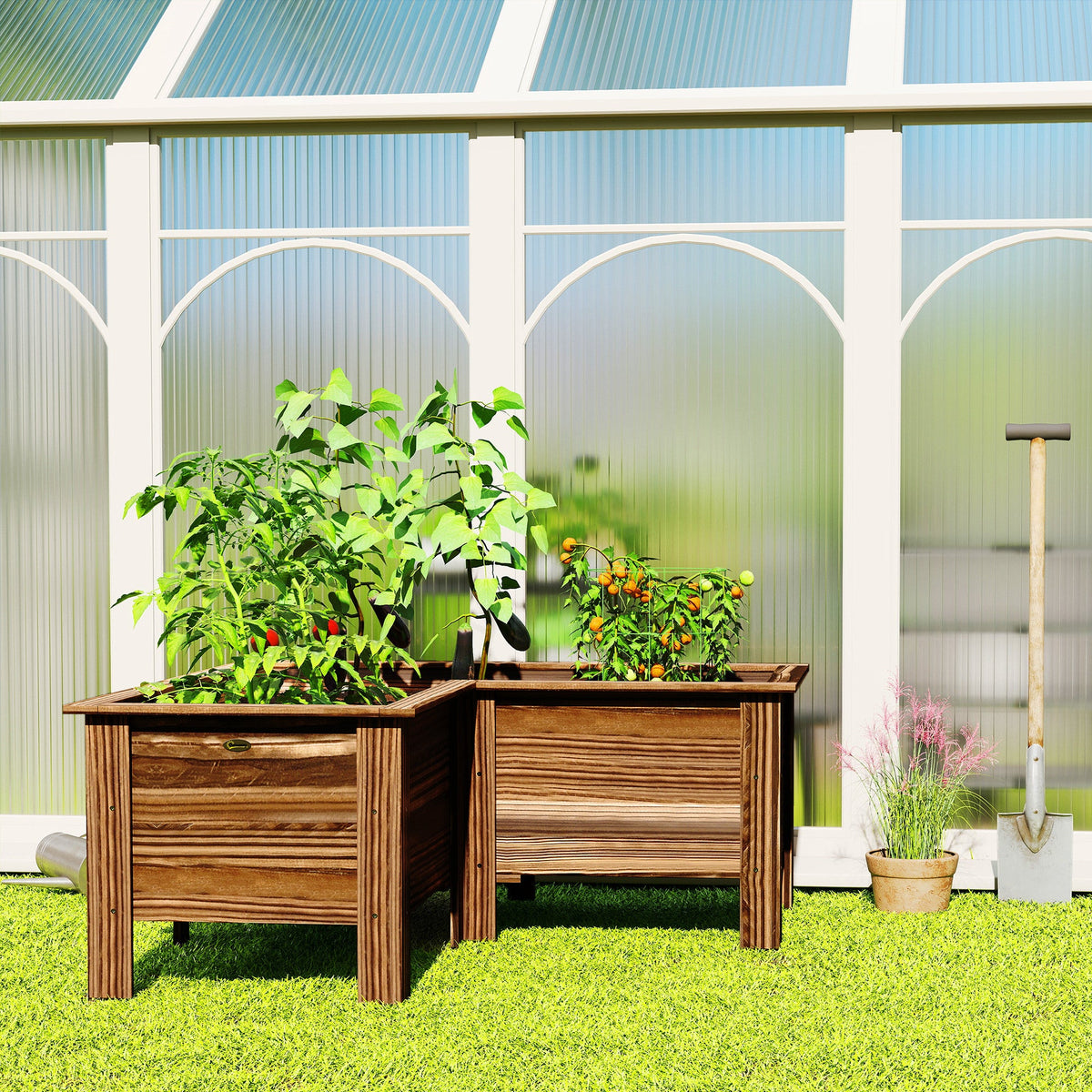 Raised Garden Bed, 47.2" x 47.2" x 19.7" Wooden Elevated Planter Box Outdoor with Legs, for Vegetables, Flowers, Herbs, L-shaped, Natural