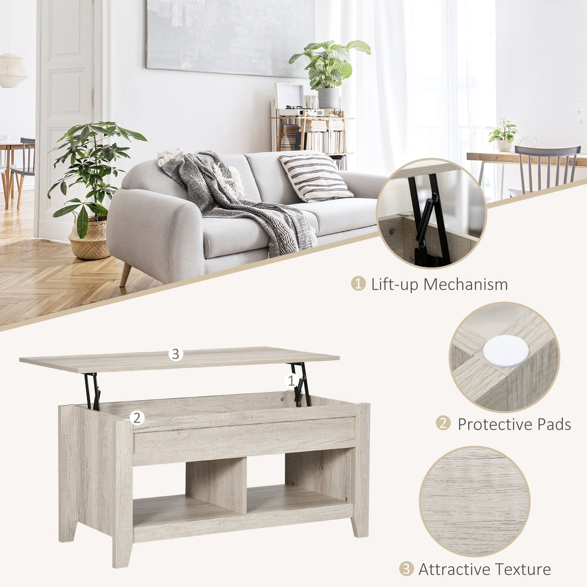 Lift Top Coffee Table with Hidden Storage Compartment and Open Shelves, Lift Tabletop Pop-Up Center Table for Living Room, Dark Walnut
