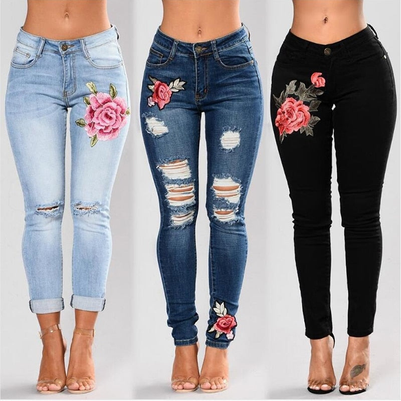 Floral Print Stretch Denim Pants