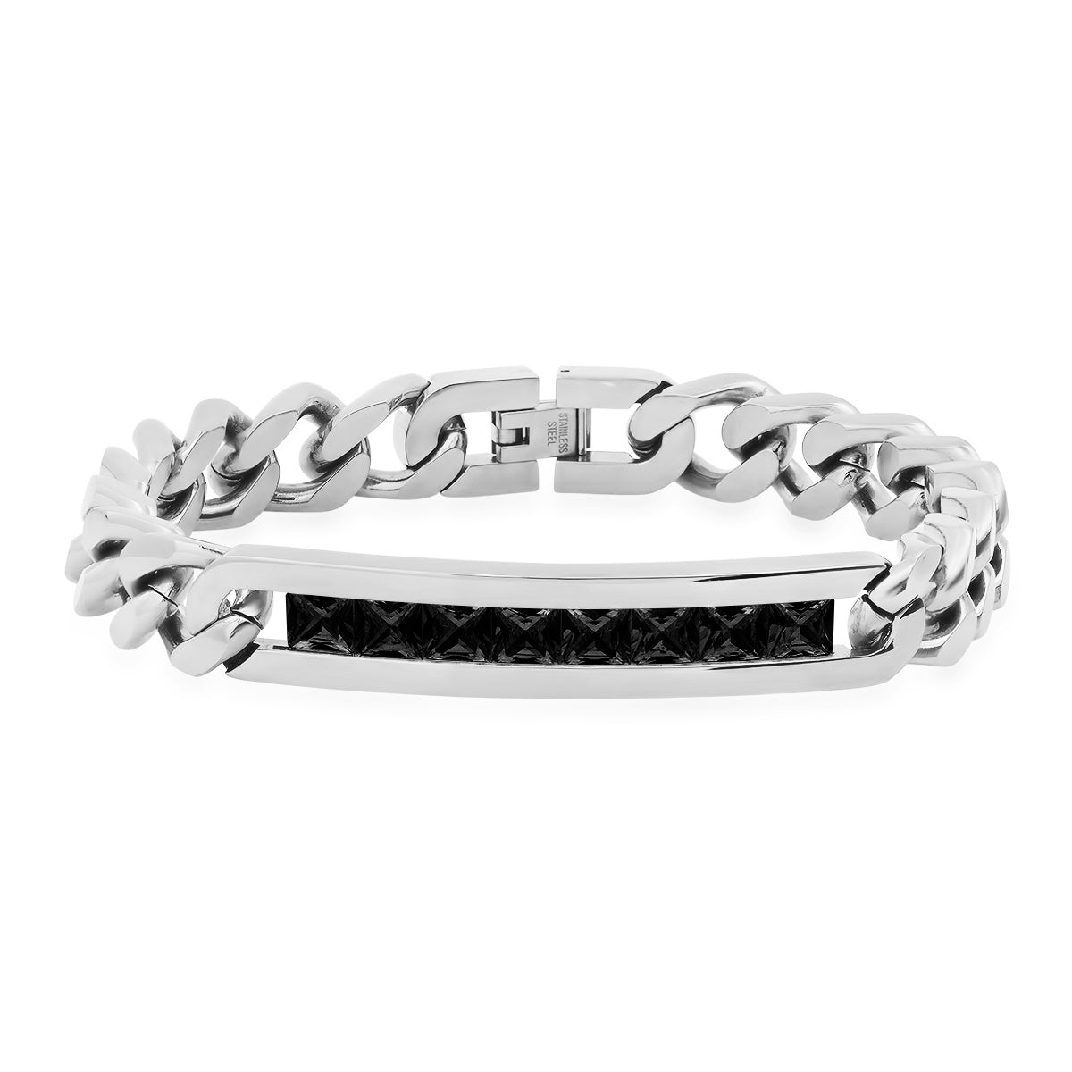 Men’s Silver Stainless Steel with Black Diamond-Textured Biker Bracelet