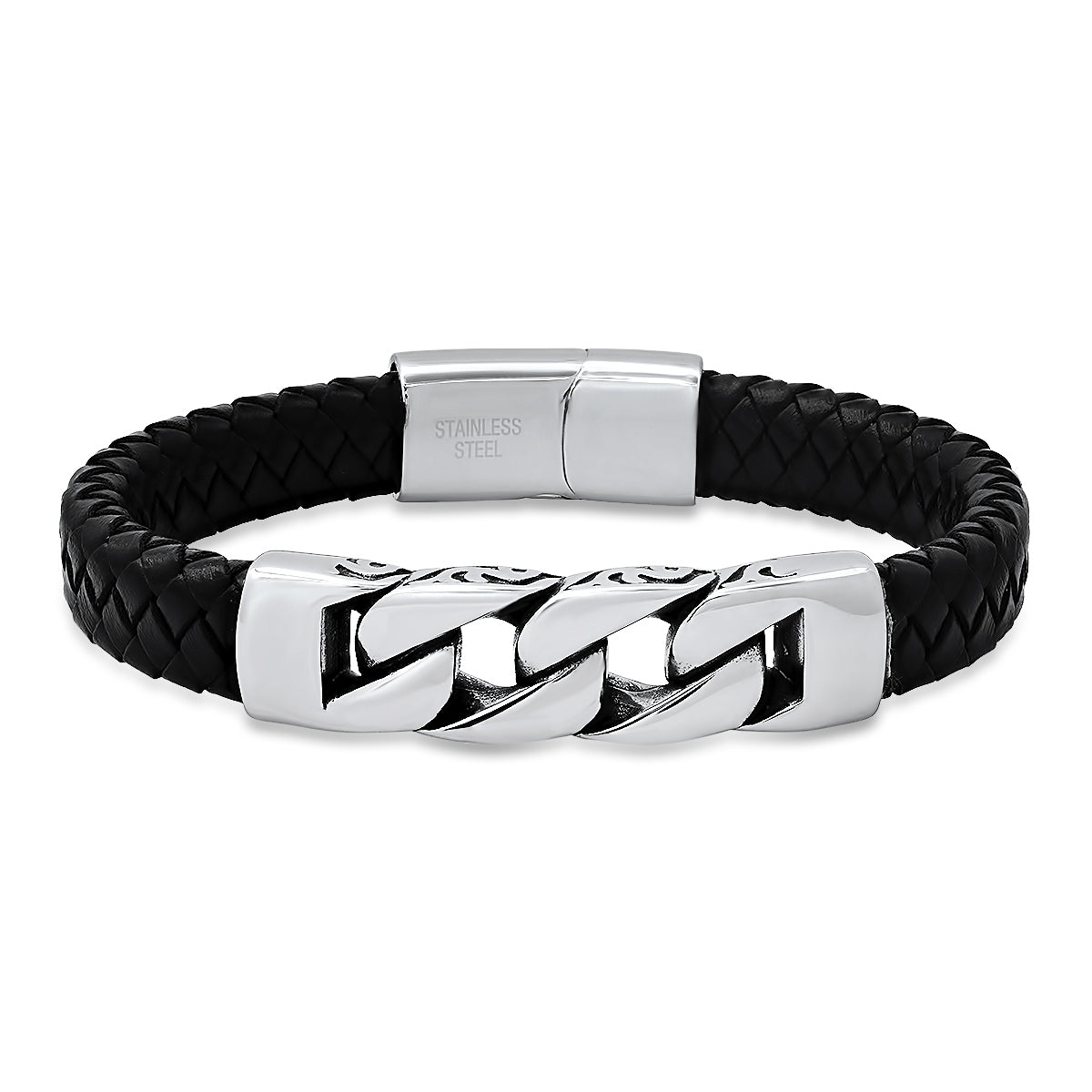 Men’s Stainless Steel & Black Braided Leather Greek Motif Biker Bracelet
