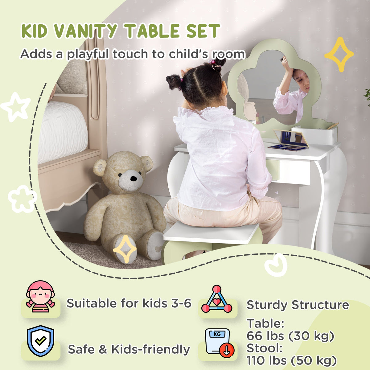 Kids Makeup Vanity Set with Stool, Mirror, Drawer, Storage Boxes, White