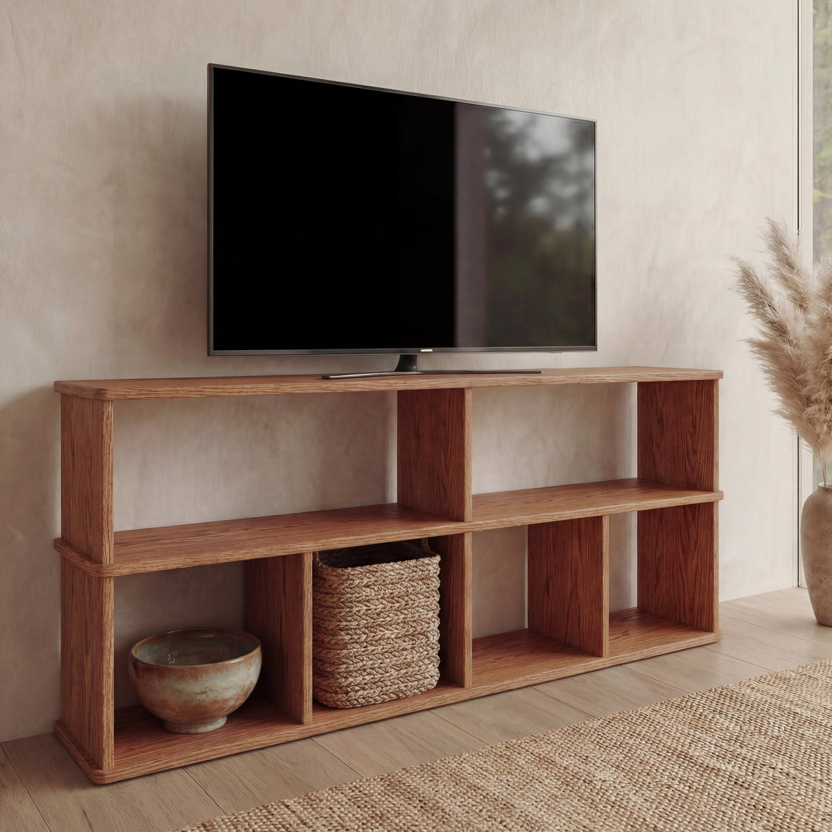 65 inch bookshelf TV stand in red oak