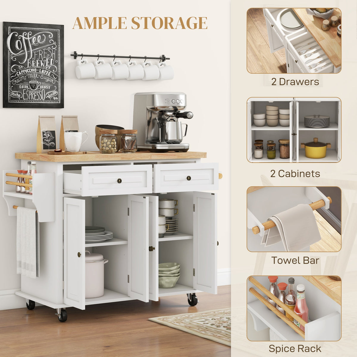 Kitchen Island with Storage, Rolling Trolley Cart with Rubber Wood Top, Spice Rack, Towel Rack, Brown Oak