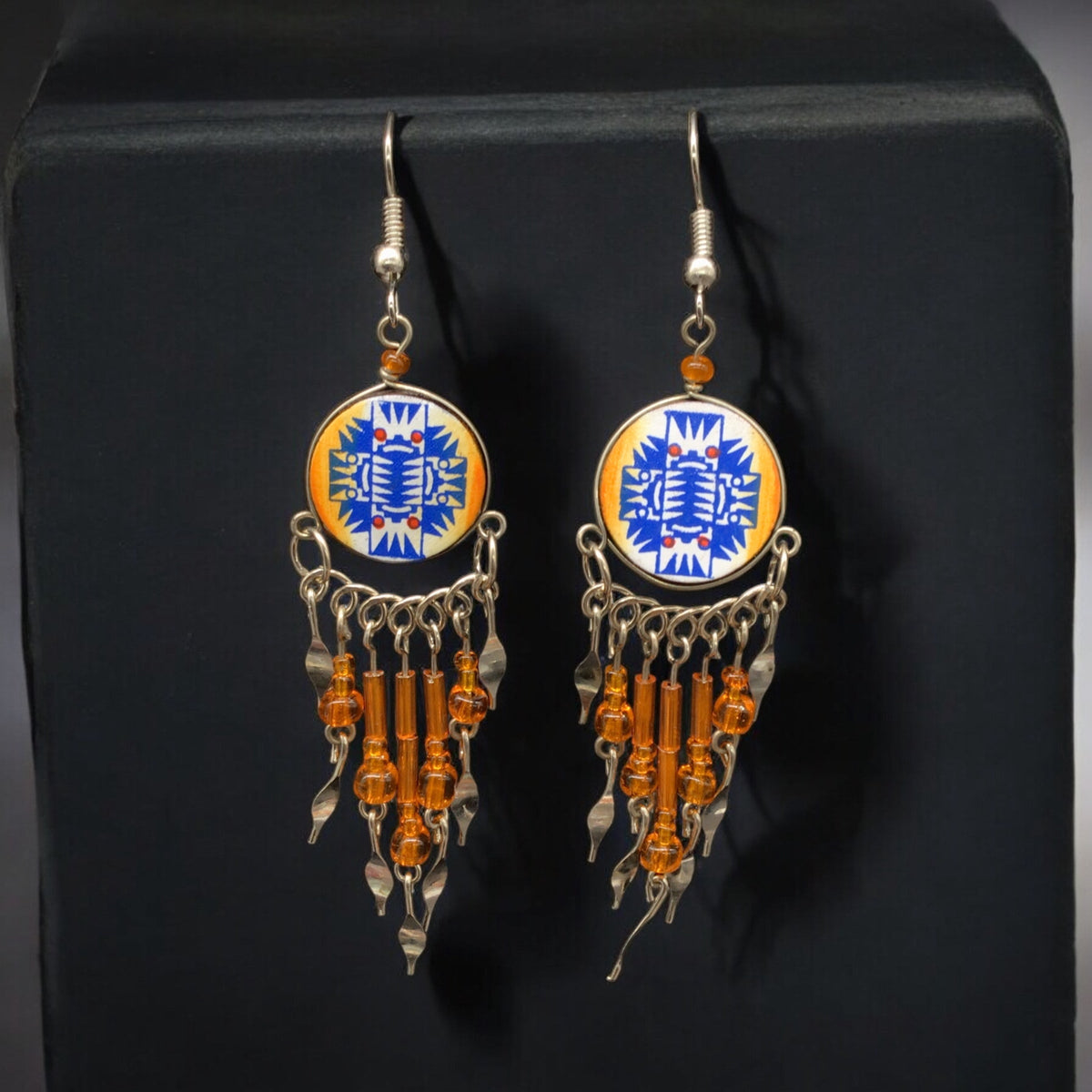 Orange and Blue Southwestern Round Shaped Dangle Earrings