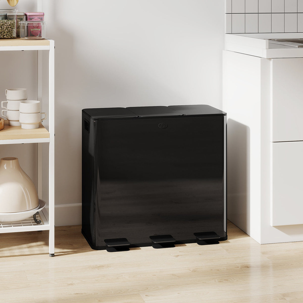 Garbage Bin, Soft-Close Trash Can with Foot Pedal, 3x5 Gallon (3x20 L) Garbage Can with Removable Inner Buckets, Black