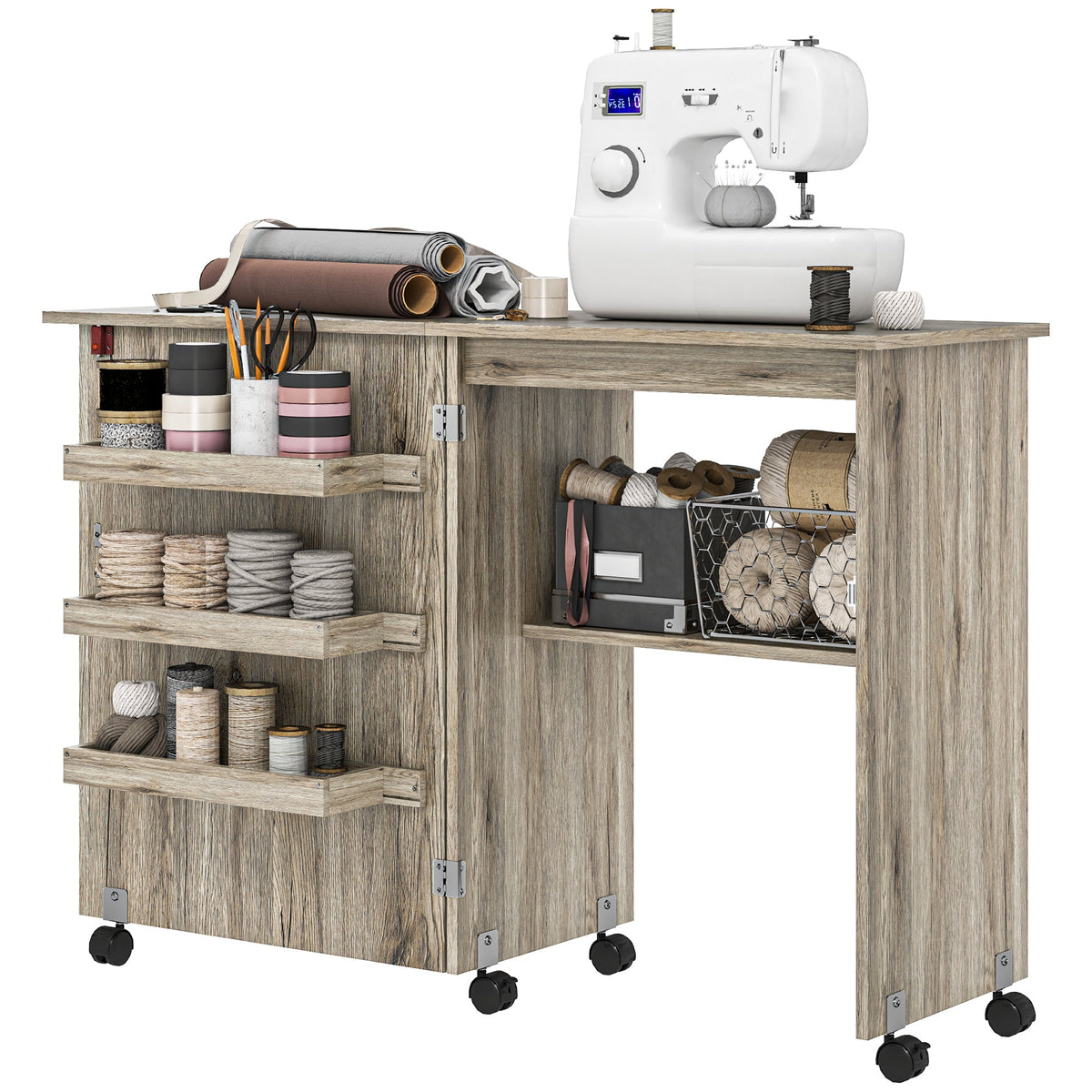 Sewing Machine Cabinet, Folding Sewing Table with Storage Shelf, Bins and Lockable Wheels for Small Space, Brown